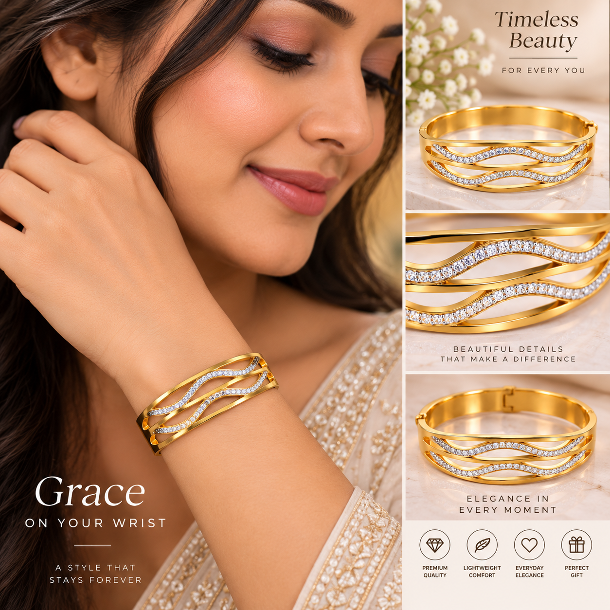 Golden Wave Crystal Bangle Bracelet